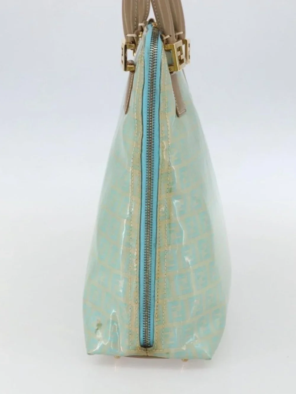 FENDI Zucchino Canvas Hand Bag Enamel Light Blue Gold Auth 159738 - Picture 4 of 16